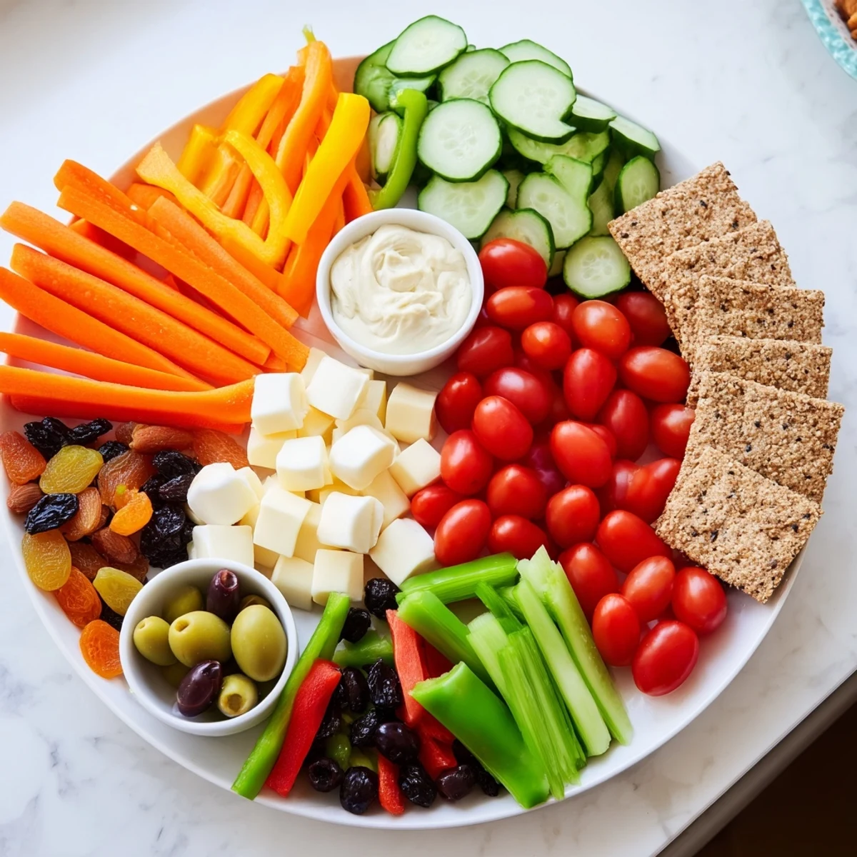 Vibrant Veggie Snack Board: a colorful adult Lunchable with fresh vegetables, dips, and cheeses, ready to enjoy.