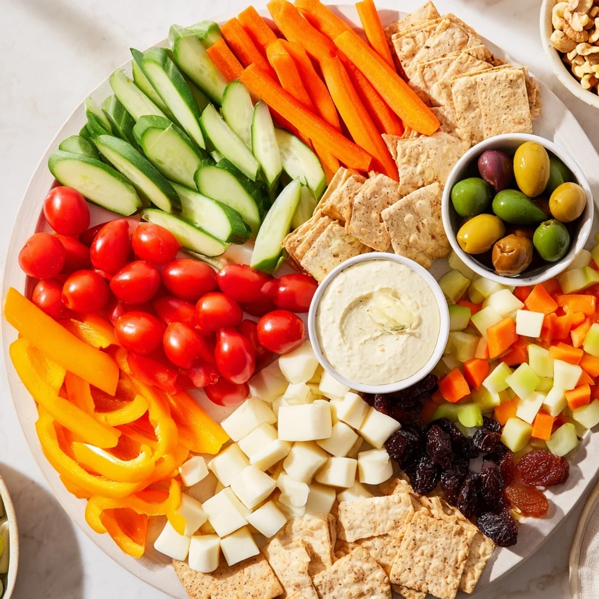 Healthy Veggie Snack Board featuring cheddar, mozzarella, and a variety of colorful veggies perfect for lunch.