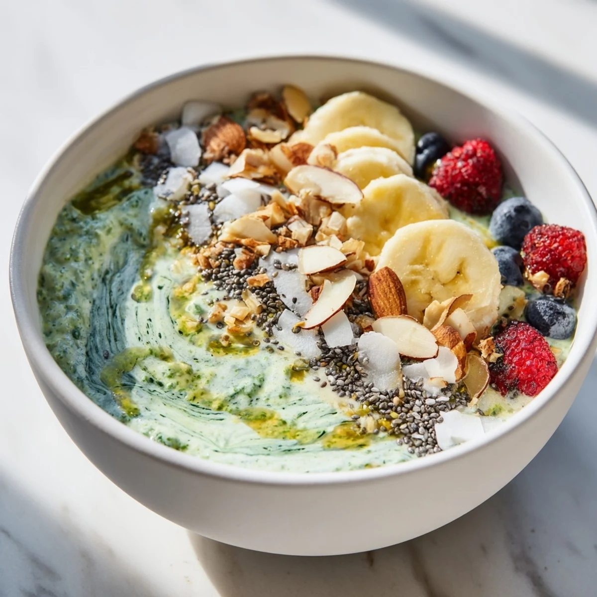 Creamy matcha overnight oats are topped with fresh berries, a delightful, healthy morning treat.