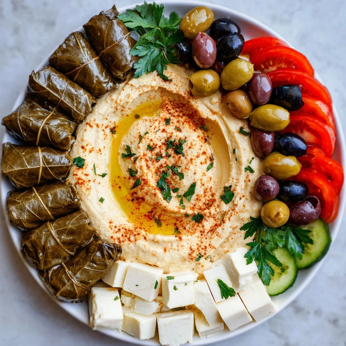 A beautifully arranged Turkish Meze Platter, showcasing creamy hummus and colorful vegetables.