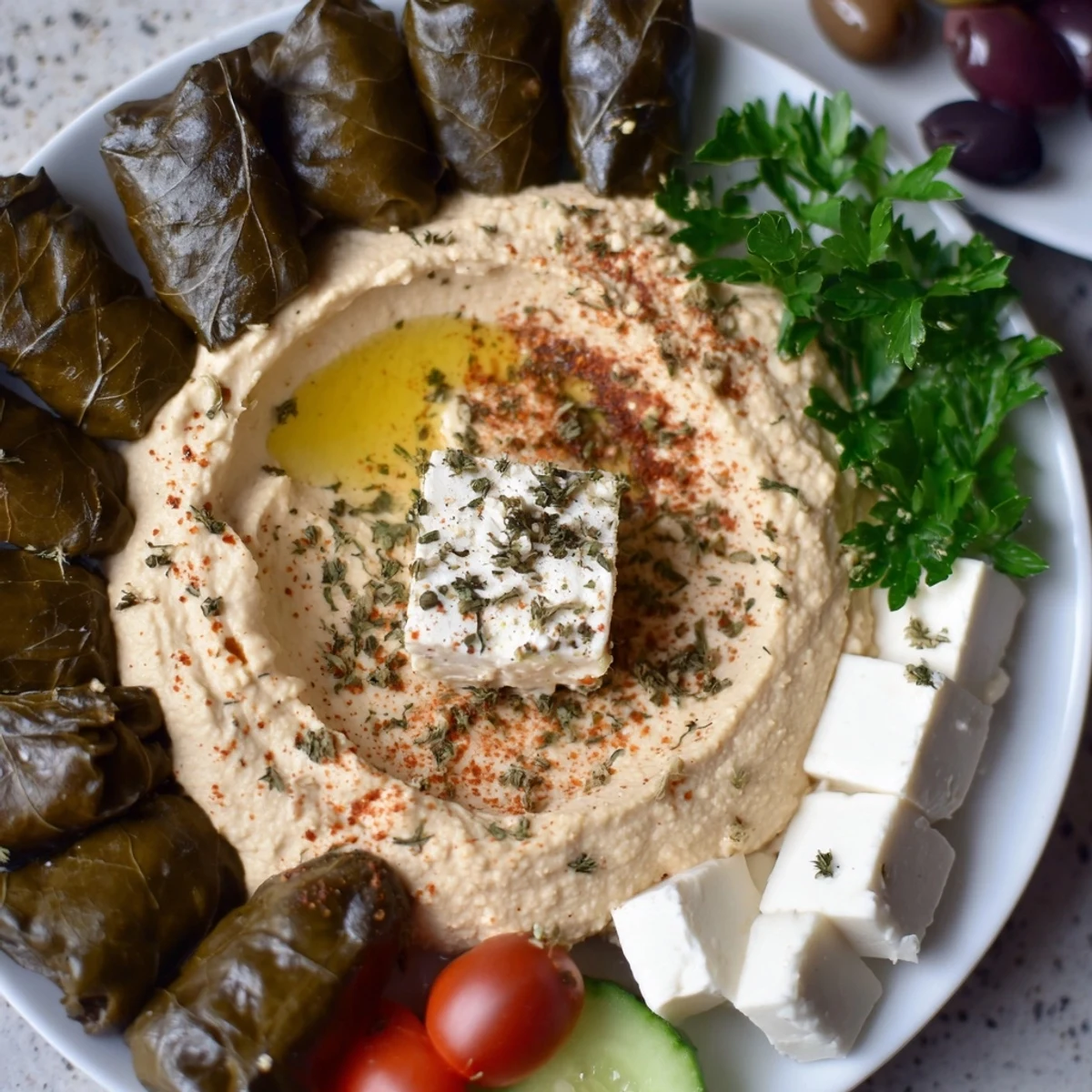 Golden pita bread next to a delicious Turkish Meze Platter overflowing with flavorful appetizers.