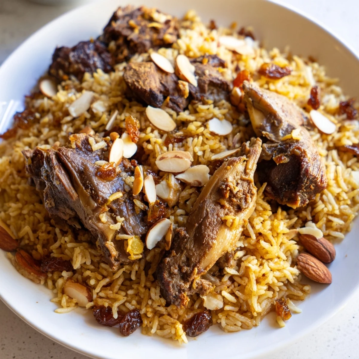 A close-up of Kabsa rice reveals fluffy grains, tender meat, and aromatic spices ready to be enjoyed.