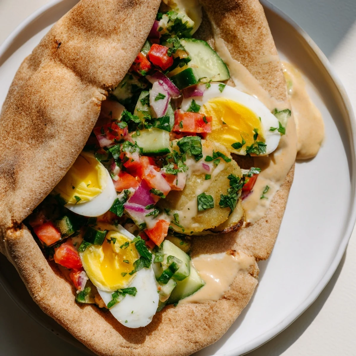 Golden-brown fried eggplant and creamy tahini star in this delicious Israeli Sabich.