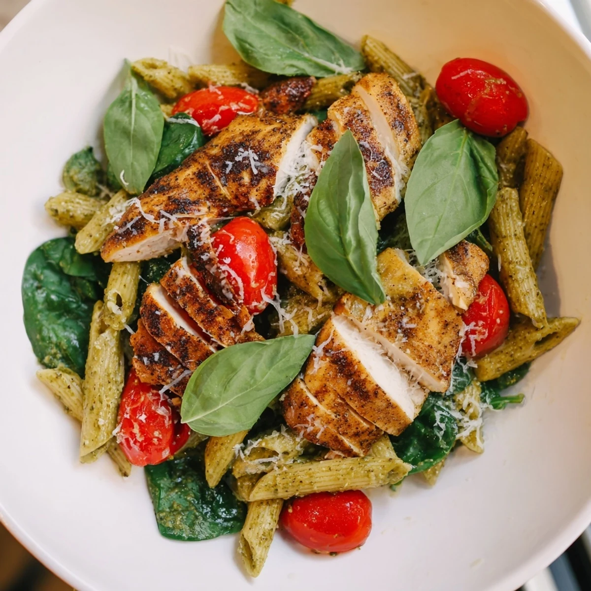 Grilled pesto chicken pasta with vibrant tomatoes, perfect for a flavorful Italian dinner.