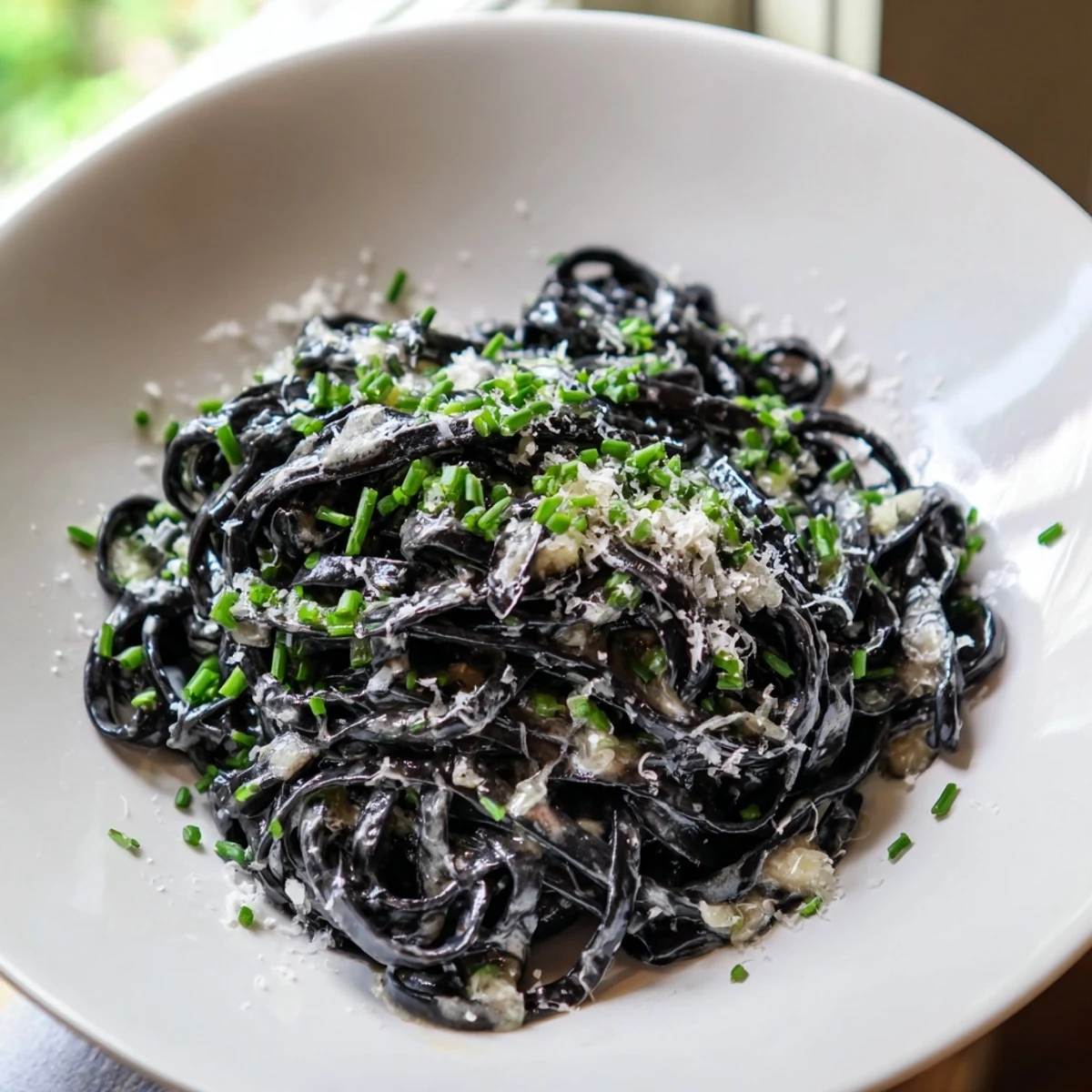 Dramatic squid ink pasta, a luxurious black pasta dish with creamy, glistening sauce and fresh herbs.