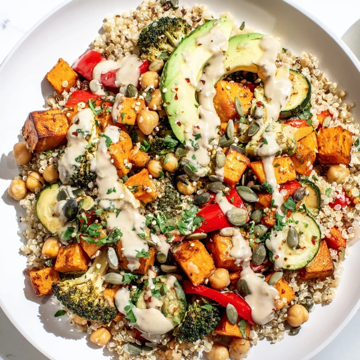 Golden-hued quinoa Buddha bowl, loaded with roasted vegetables and creamy tahini dressing, ready to eat!