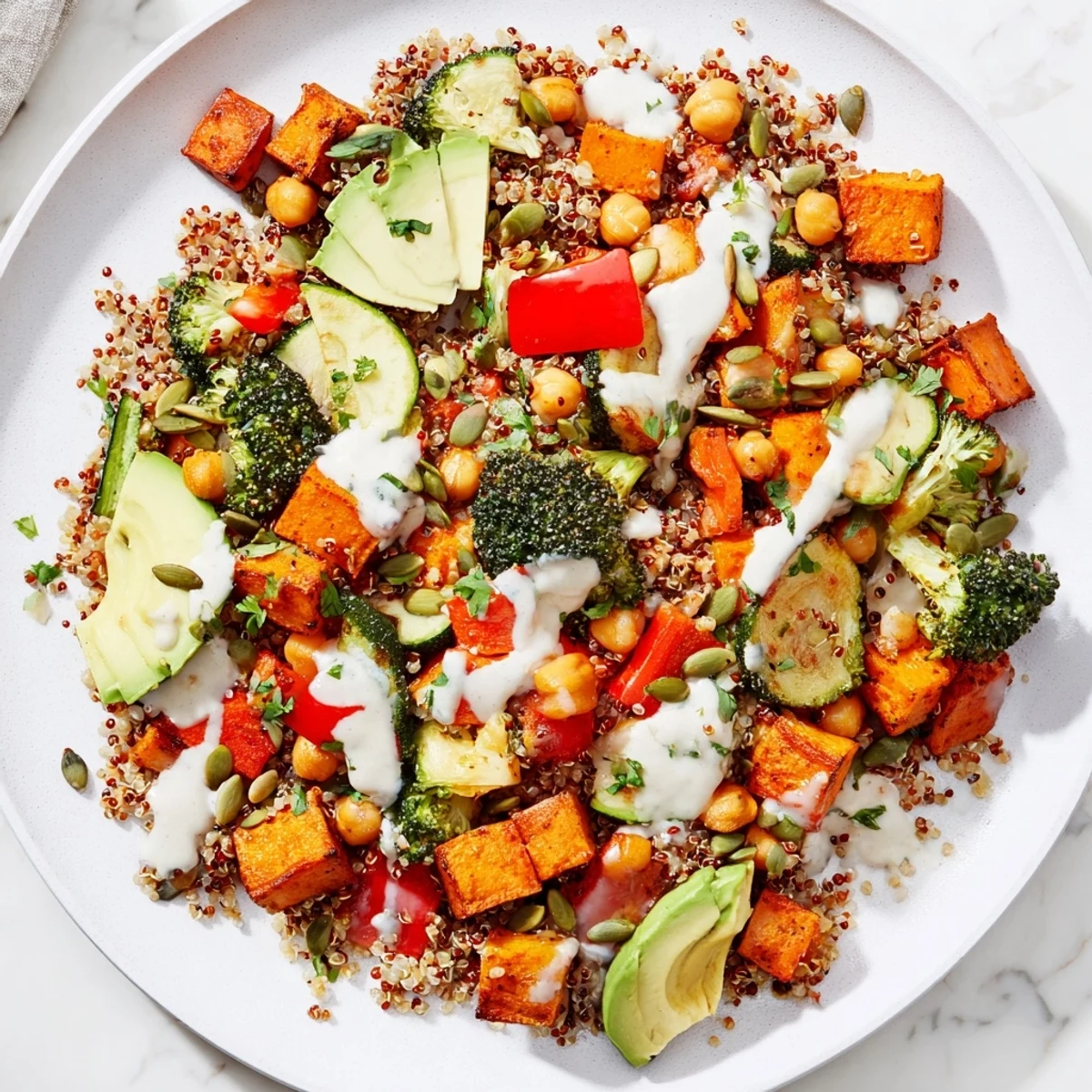 A colorful quinoa Buddha bowl showcasing roasted veggies with chickpeas, perfect for a healthy vegan dinner.