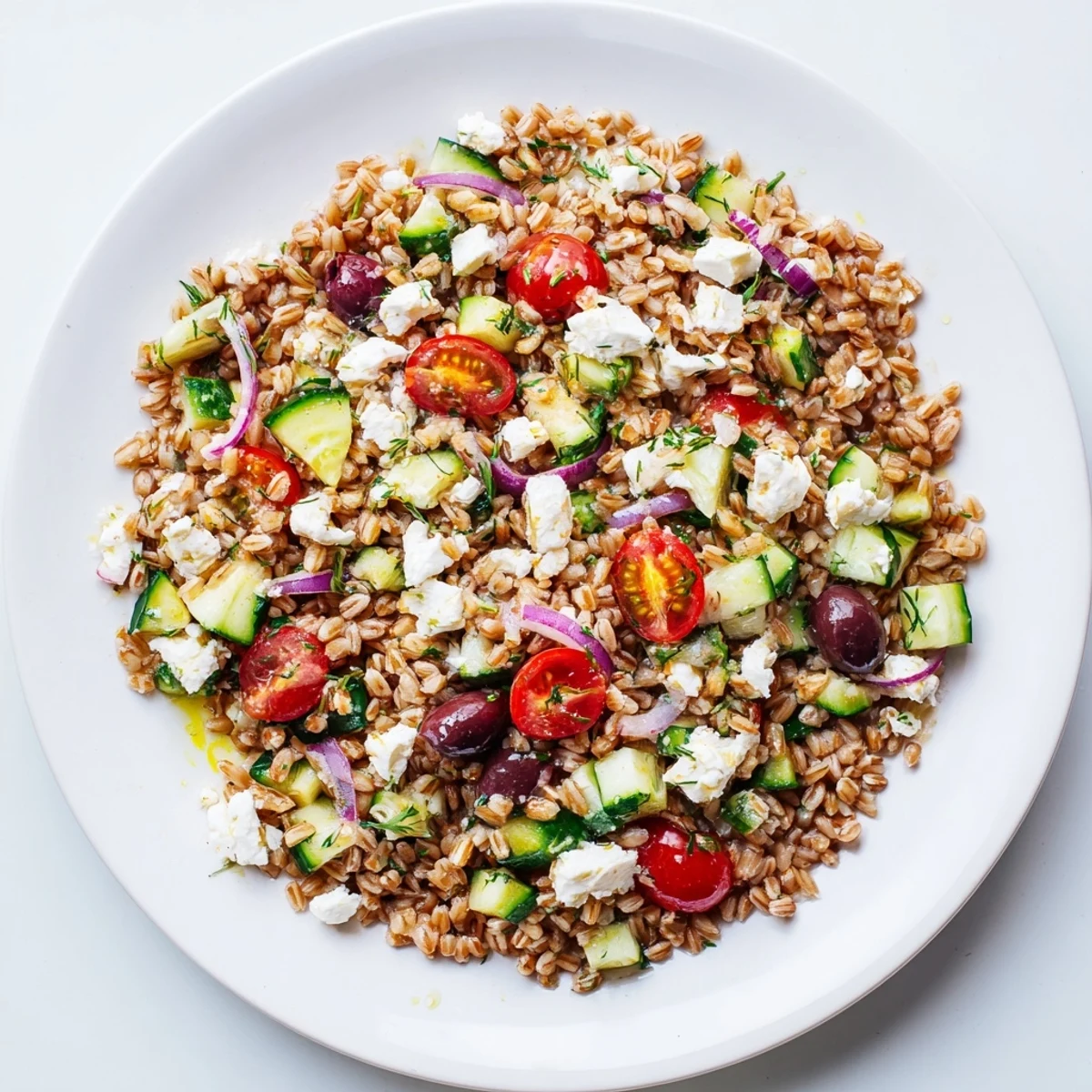 Fresh Farro Salad Mediterranean features colorful veggies, creamy feta, and a bright lemon dressing.