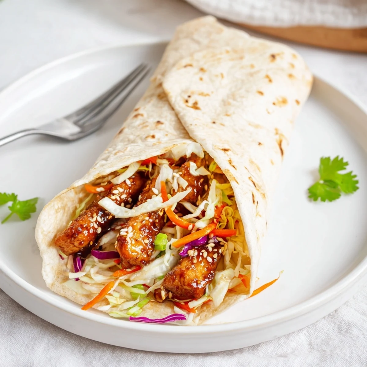 Teriyaki Chicken Wrap with glossy glazed chicken, crisp cabbage, and fresh carrots stuffed into a warm flour tortilla.