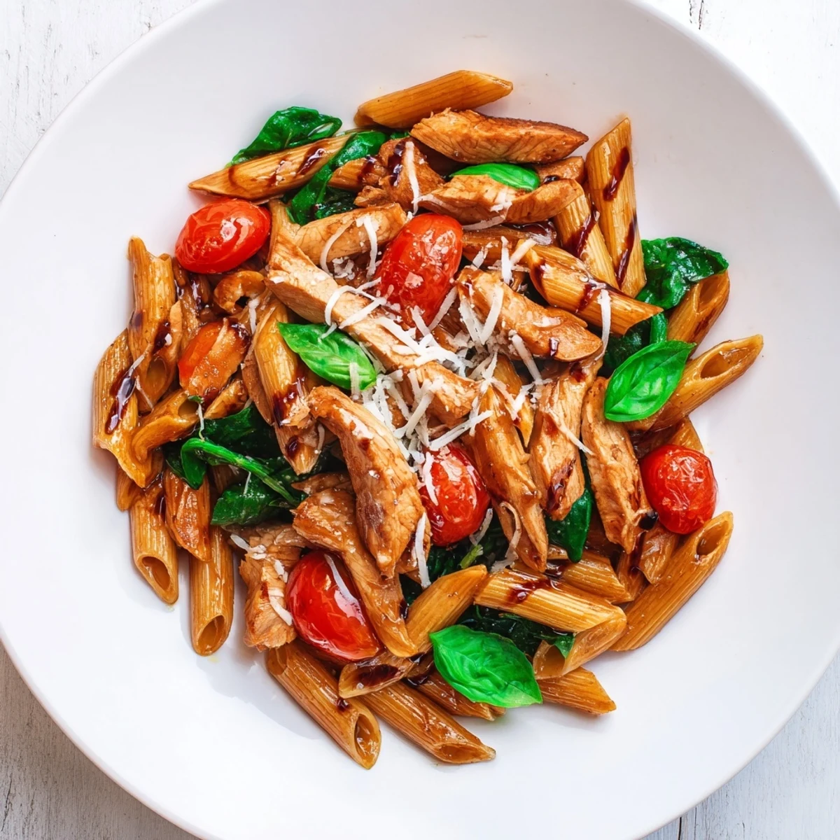 Tender chicken glazed in a tangy balsamic reduction, tossed with al dente penne, garlic, and fresh cherry tomatoes in a skillet.  