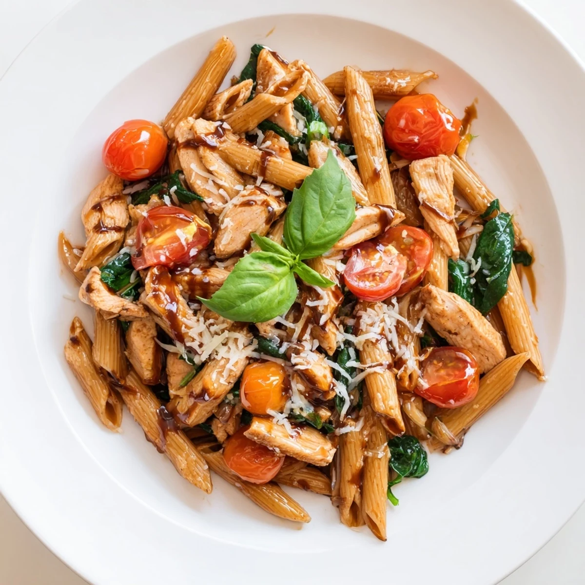 Close-up view of balsamic glazed chicken pasta on a dinner plate, garnished with torn basil, showcasing a rich, savory weeknight meal.