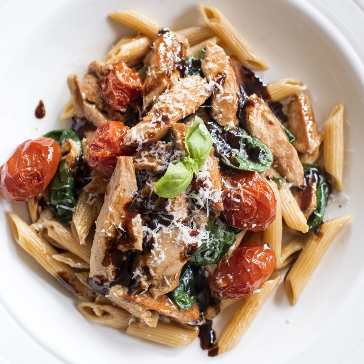 A vibrant plate of balsamic glazed chicken pasta features spinach leaves, melted Parmesan, and a glossy, herb-infused sauce ready to serve.  