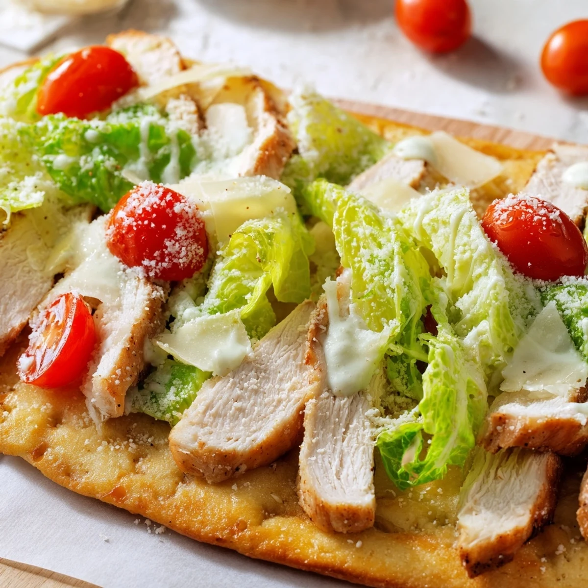 Golden Caesar Chicken Flatbread topped with juicy grilled chicken, crisp romaine, and creamy Caesar dressing on a warm naan base.