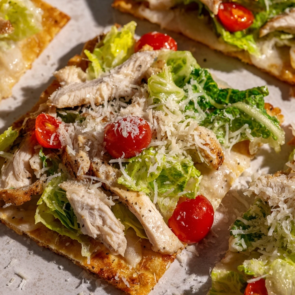 A close-up of Caesar Chicken Flatbread with fresh romaine, Parmesan shavings, and halved cherry tomatoes on a wooden serving board.