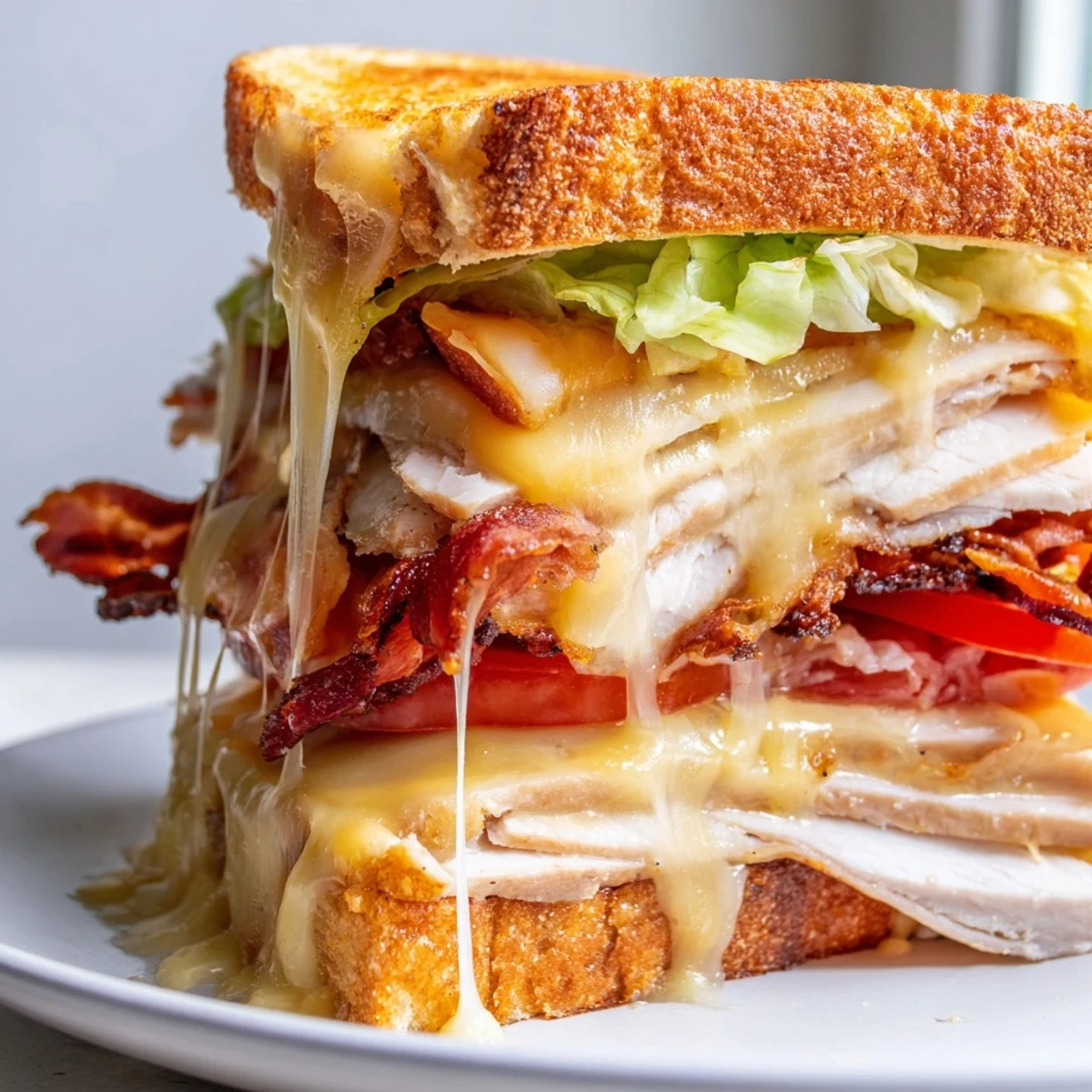 A close-up of a Turkey Club Grilled Cheese, with melted cheddar, crispy bacon, and fresh lettuce on buttery golden sourdough.