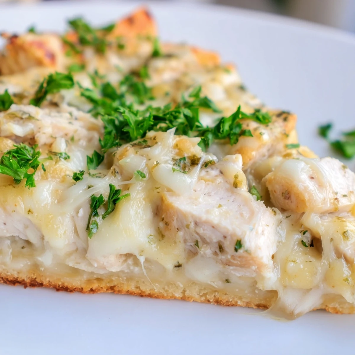 Golden, bubbly Chicken Alfredo Pizza with creamy sauce, diced chicken, and melted mozzarella on a crisp crust.
