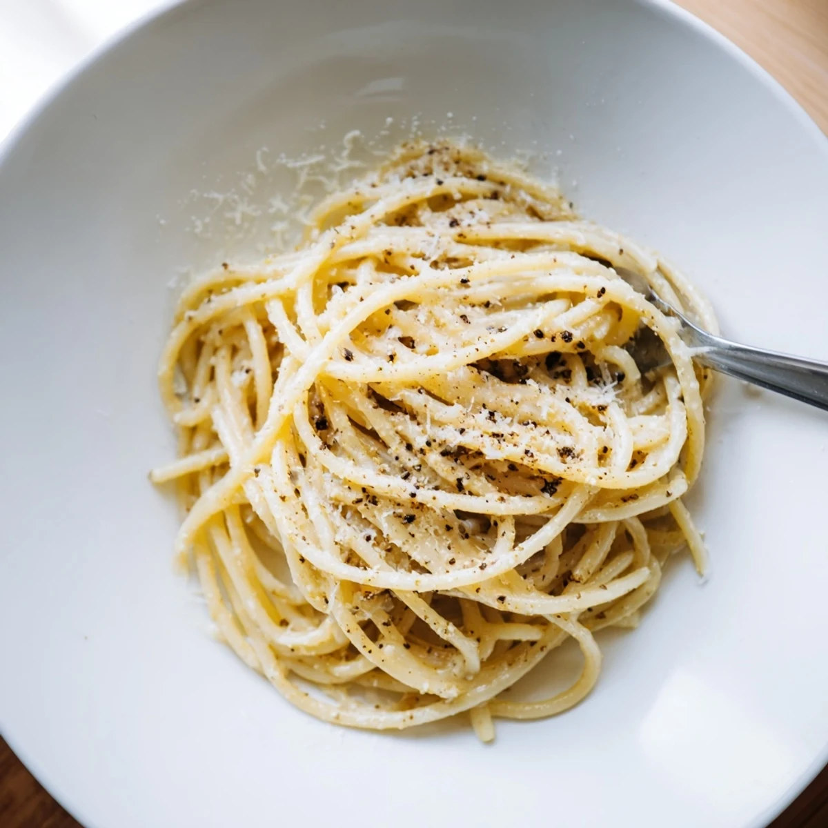 A close-up of Spaghetti Cacio e Pepe reveals a creamy, peppery sauce clinging to perfectly twirled pasta strands.  