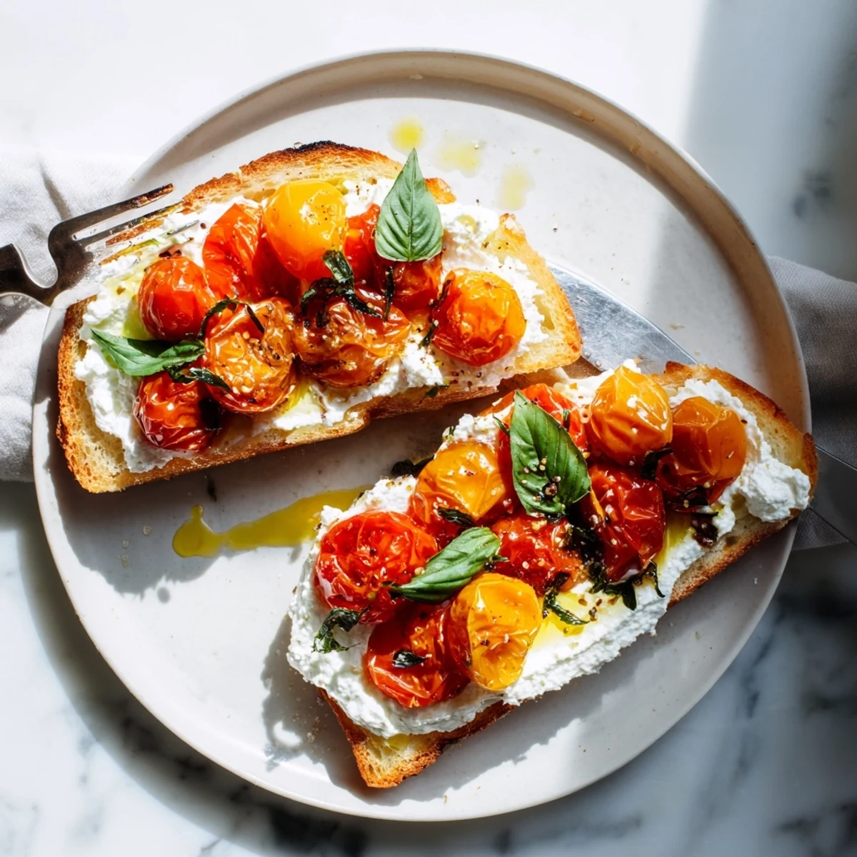 Golden toasted sourdough bread topped with vibrant roasted tomatoes and smooth ricotta, finished with fresh basil and a sprinkle of flaky sea salt.