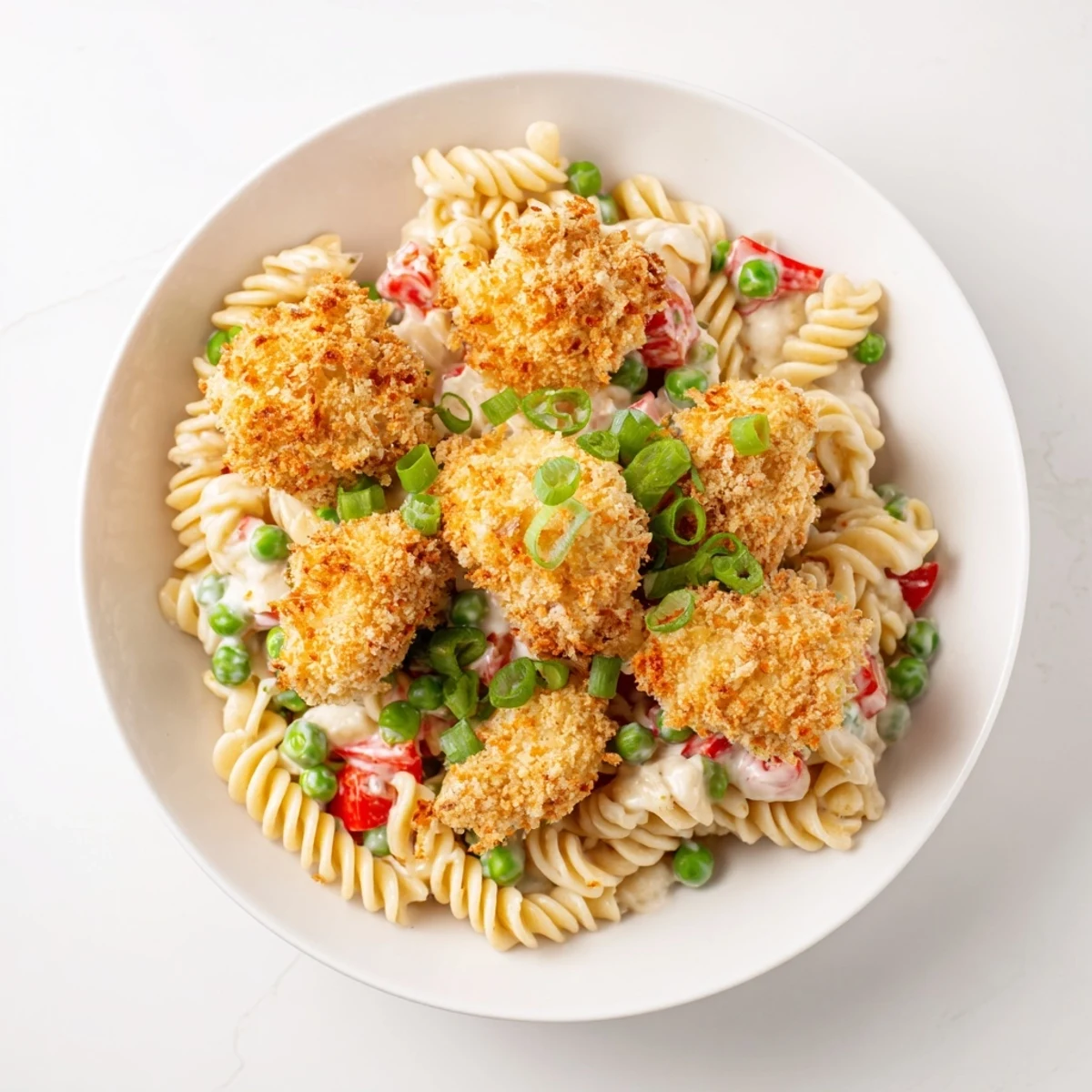 Hearty Crispy Chicken Ranch Pasta Salad served chilled, featuring crunchy breaded chicken, tender rotini, fresh veggies, and a creamy, herby ranch dressing, perfect for potlucks and picnics.