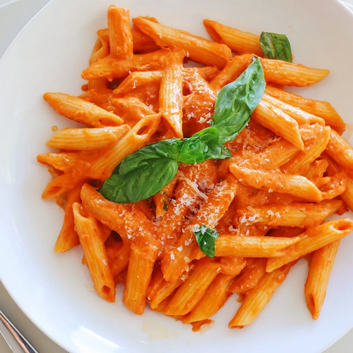 Close-up of Creamy Roasted Red Pepper Pasta with creamy sauce clinging to noodles, ready to serve.