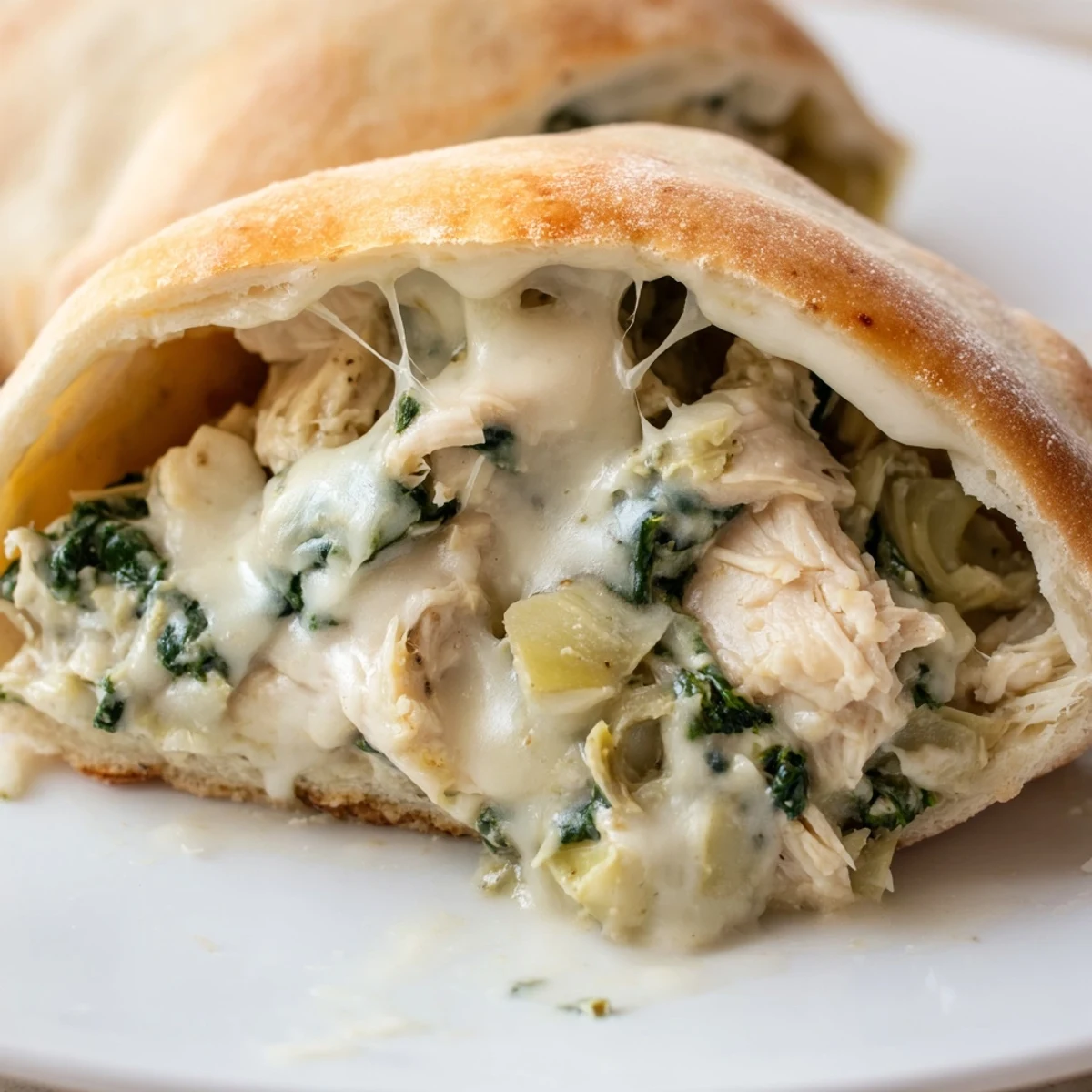 Golden-brown toasted pita pockets stuffed with creamy spinach, artichoke, and tender chicken.