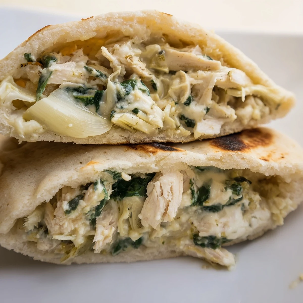 Spinach Artichoke Chicken Stuffed Pita with melted mozzarella and fresh parsley garnish.