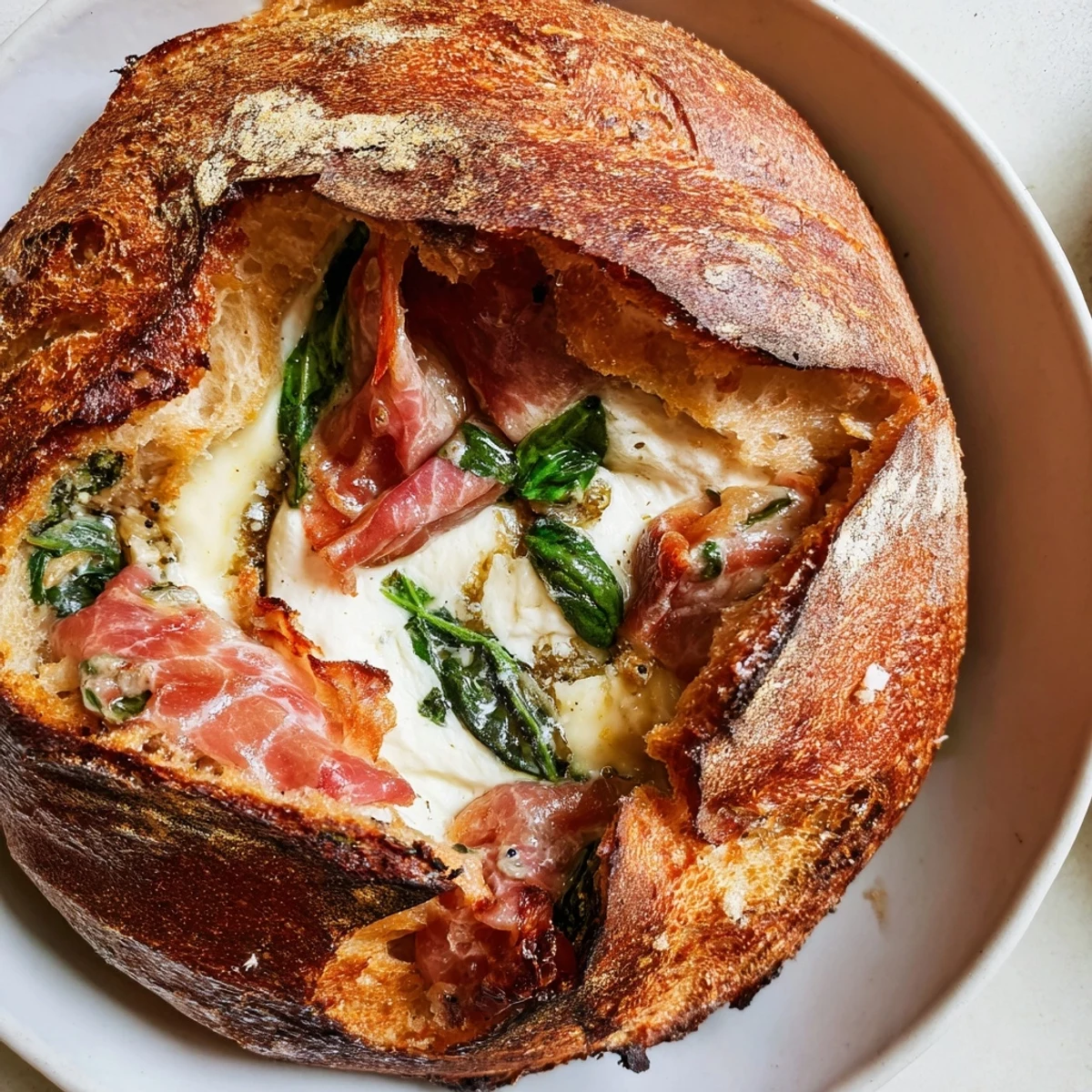 Crispy prosciutto and creamy burrata grilled cheese on golden sourdough, ready to slice and enjoy.