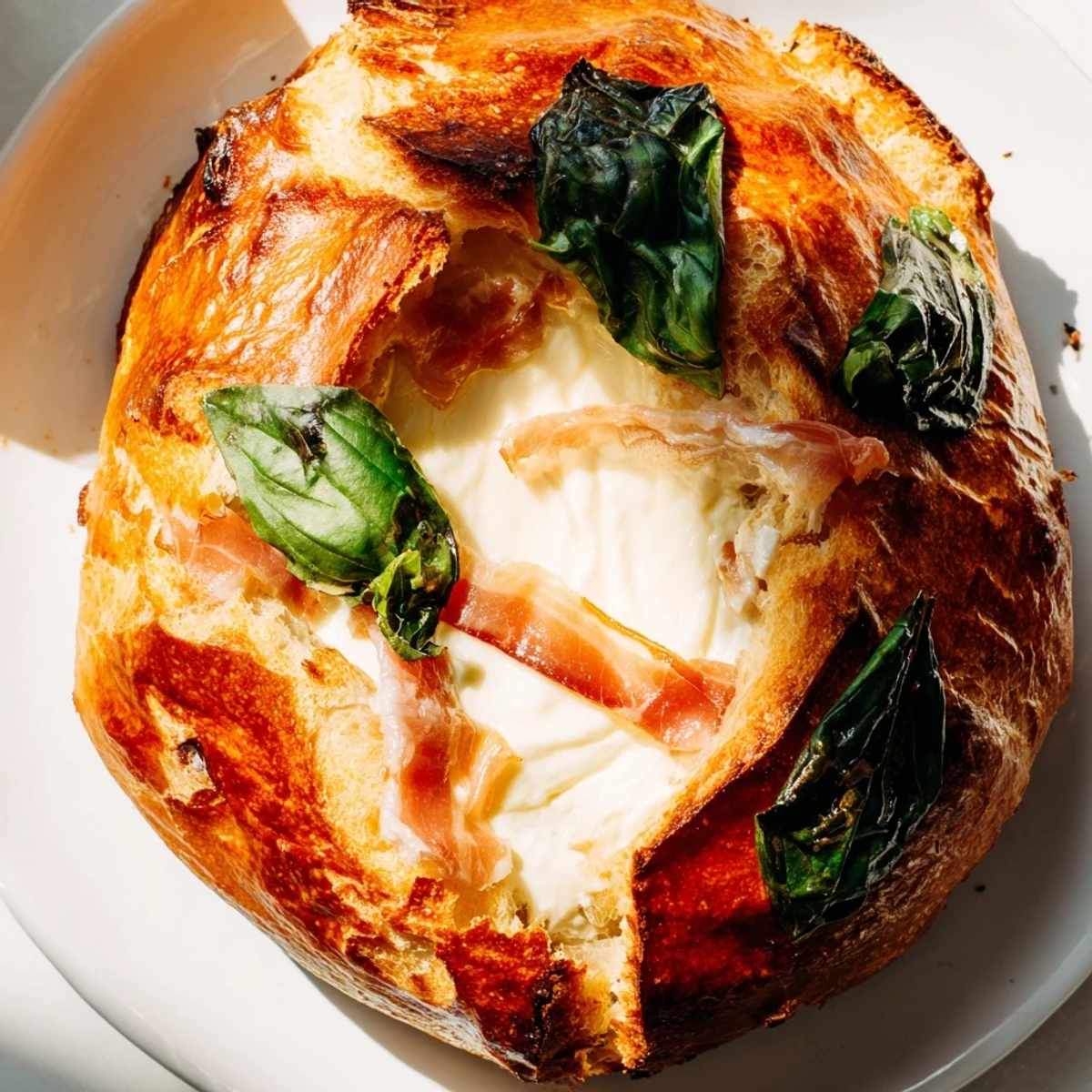 Sizzling skillet prepares a golden grilled cheese with crispy prosciutto and melty burrata, finished with fresh basil.