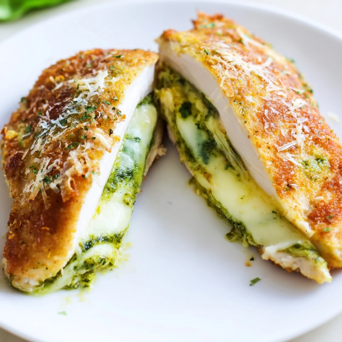 Freshly baked Mozzarella & Pesto Stuffed Chicken, cut open to reveal a gooey, melted cheese and pesto center.