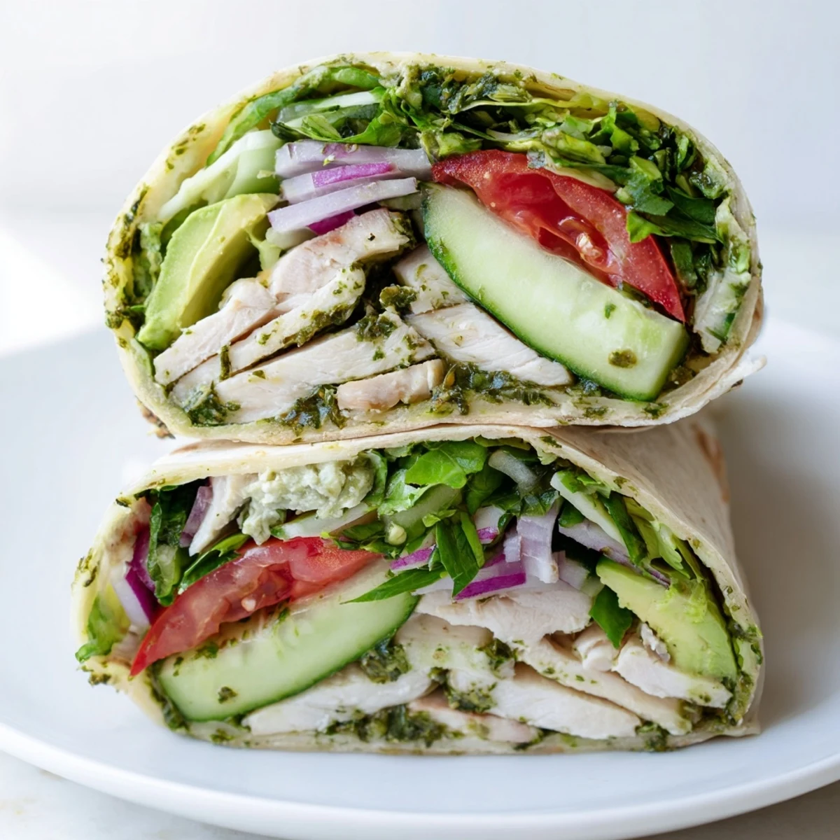 Juicy chimichurri chicken wrapped in a soft tortilla with fresh greens, sliced cucumber, and ripe avocado for a vibrant meal.