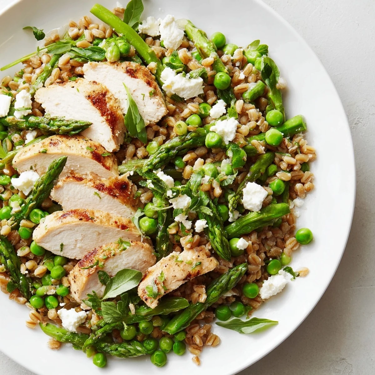 Steaming bowl of Warm Spring Farro Chicken Salad with tender grains, grilled chicken, and crisp asparagus.  
