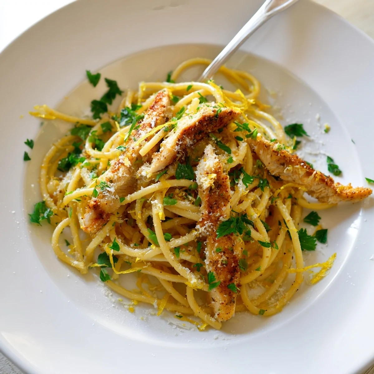 Golden brown butter coats spaghetti and tender seared chicken strips in this Brown Butter Lemon Chicken Pasta, garnished with fresh parsley.