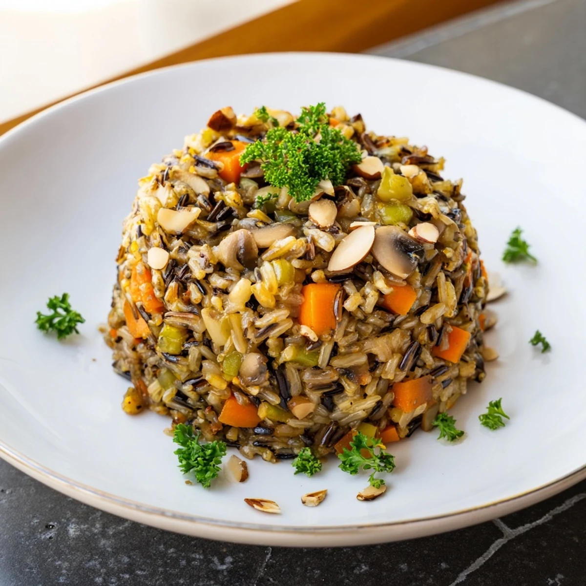 Savory Wild Rice and Mushroom Pilaf with golden sautéed mushrooms and fresh parsley, served warm.