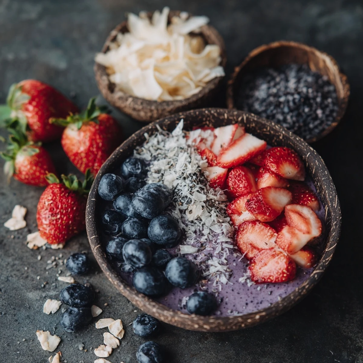 Vibrant Acai Berry Smoothie Bowl topped with fresh berries, banana slices, and crunchy granola served in a bowl.