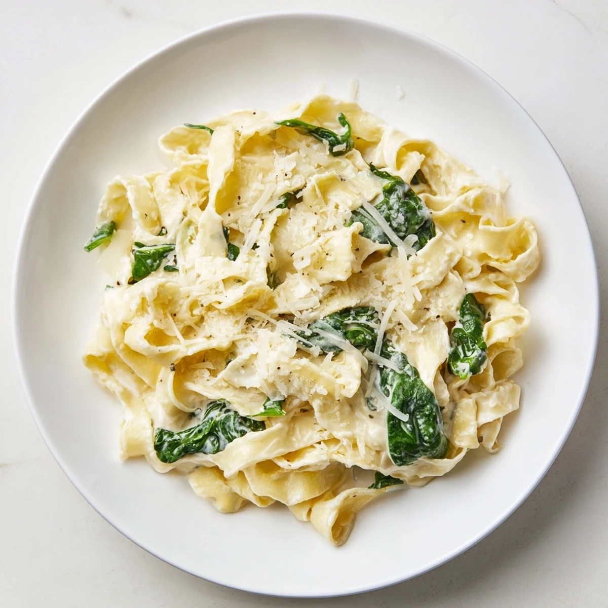 Overhead view of Creamy Spinach Garlic Noodles in a rustic bowl, garnished with extra Parmesan and a pinch of red pepper flakes.