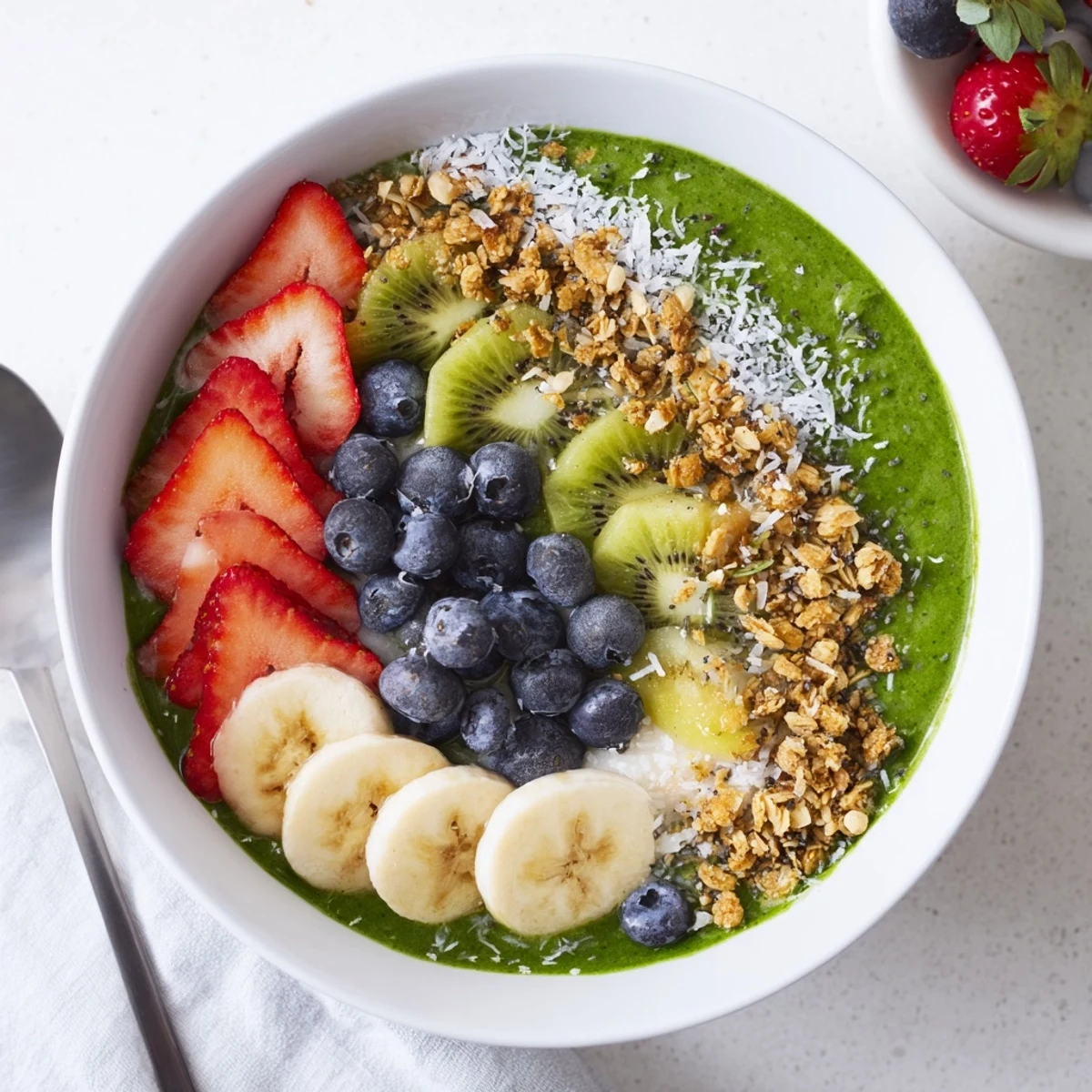Two creamy Green Smoothie Bowls served with fresh berries, sliced bananas, and a sprinkle of chia seeds.