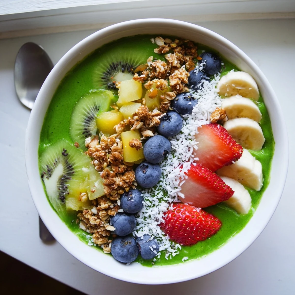 A vibrant green smoothie bowl topped with fresh kiwi, strawberries, and crunchy granola for a refreshing breakfast.