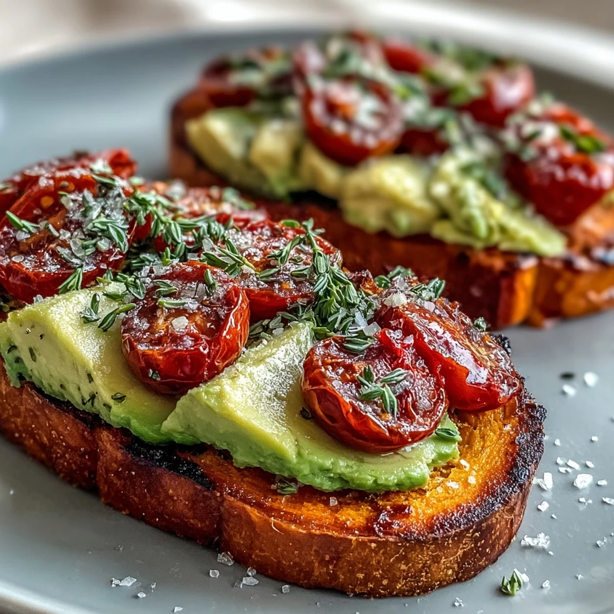Colorful sweet potato toast with avocado, tomatoes, and feta, a breakfast delight.