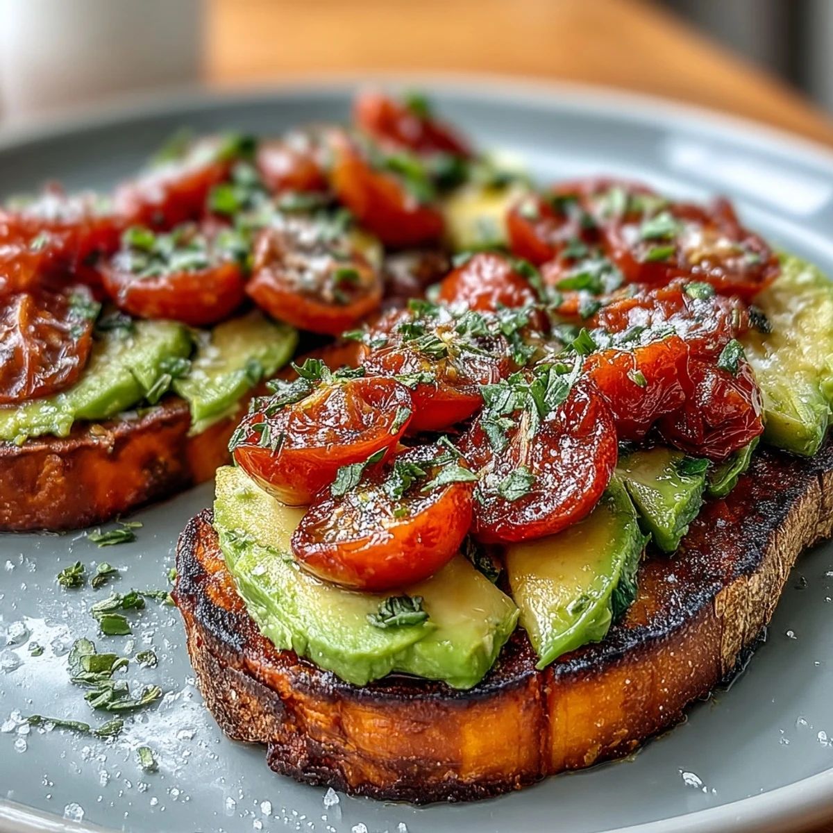 Delicious roasted sweet potato toast topped with peanut butter, banana, and granola.