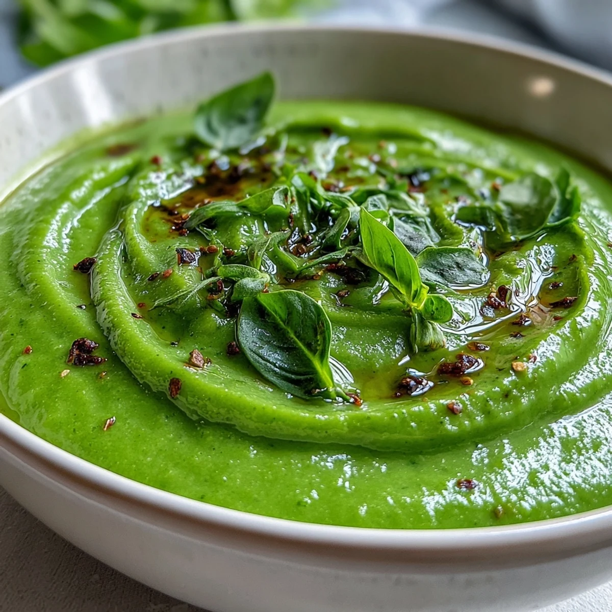 Creamy Courgette, Pea and Pesto Soup served hot in a rustic bowl, garnished with fresh basil.