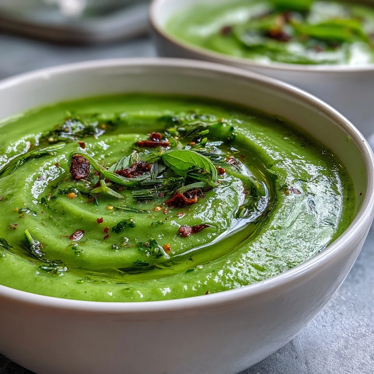 Vibrant green Courgette, Pea and Pesto Soup swirled with pesto and fresh herbs.
