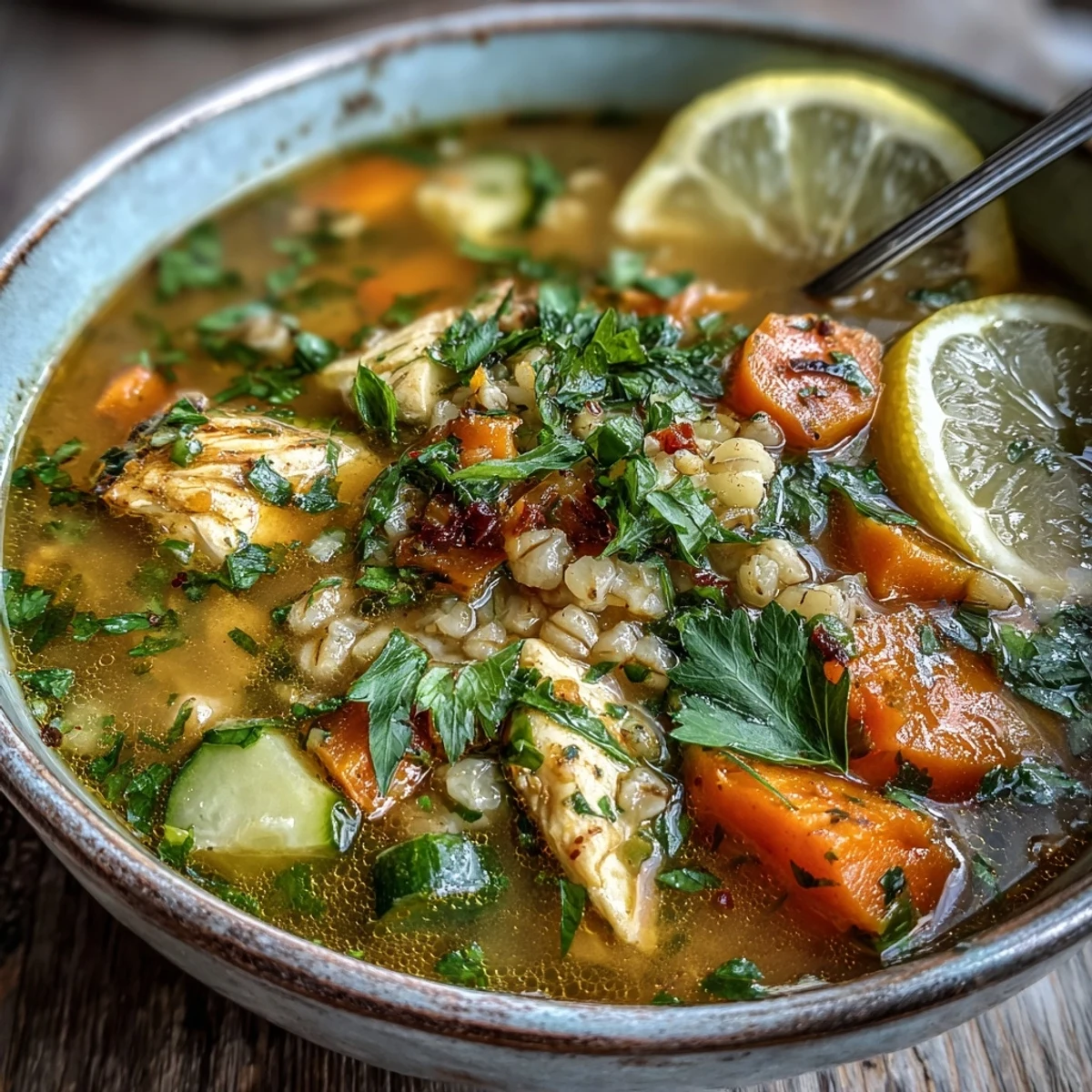 Garnished with parsley and lemon wedges, this Soothing Turmeric Chicken With Pearl Barley soup invites a comforting dinner.