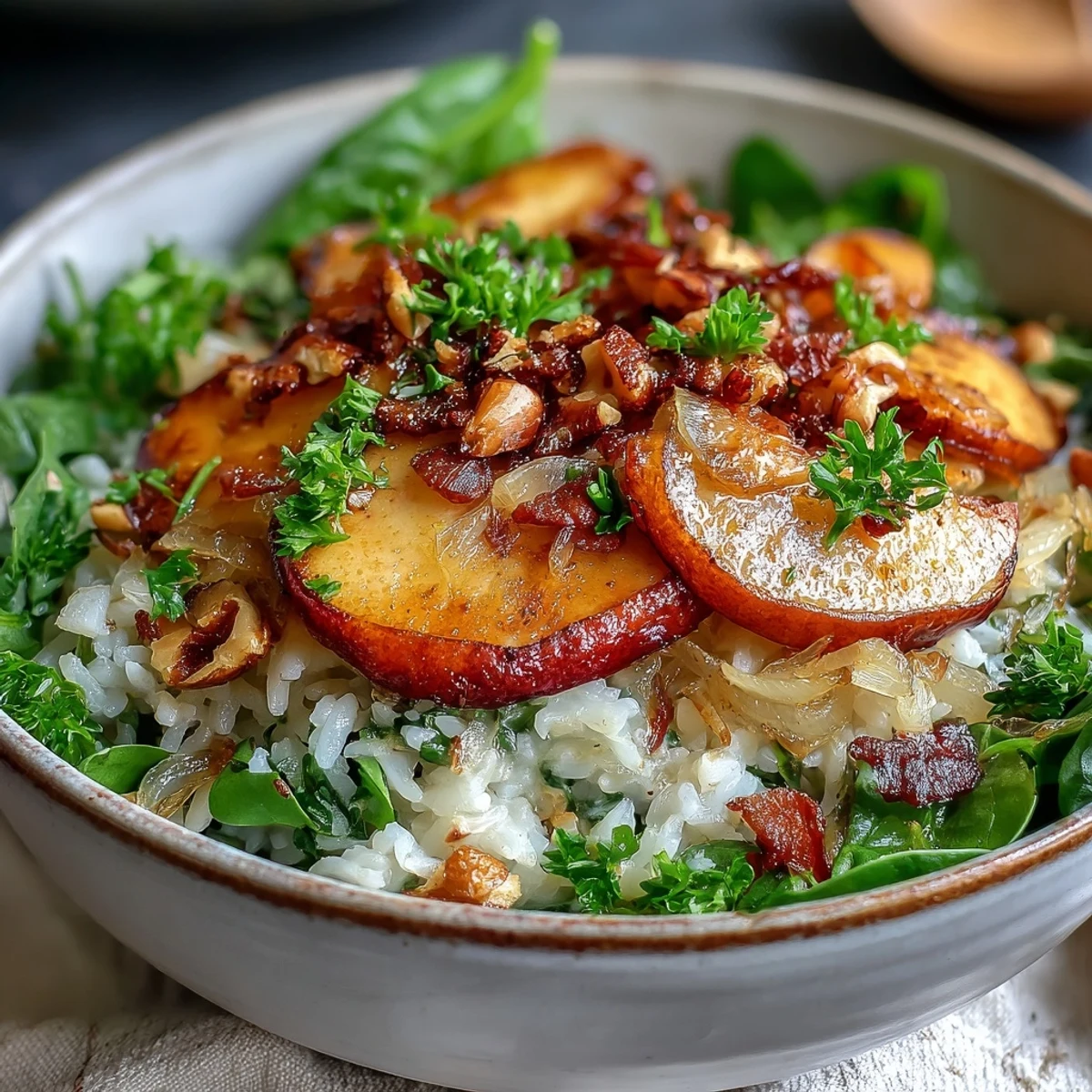 Golden-brown apples and onions sautéed in a skillet for a Warm Apple and Sauerkraut Skillet Salad.