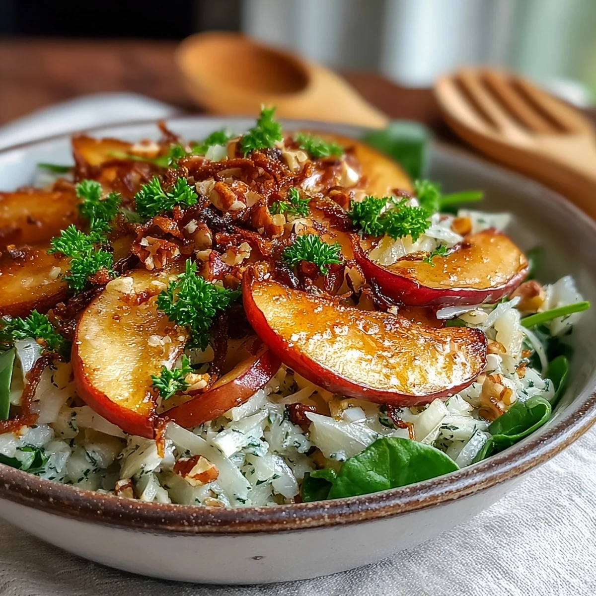 Tangy sauerkraut and wilted greens tossed with caramelized apples in this warm skillet salad.