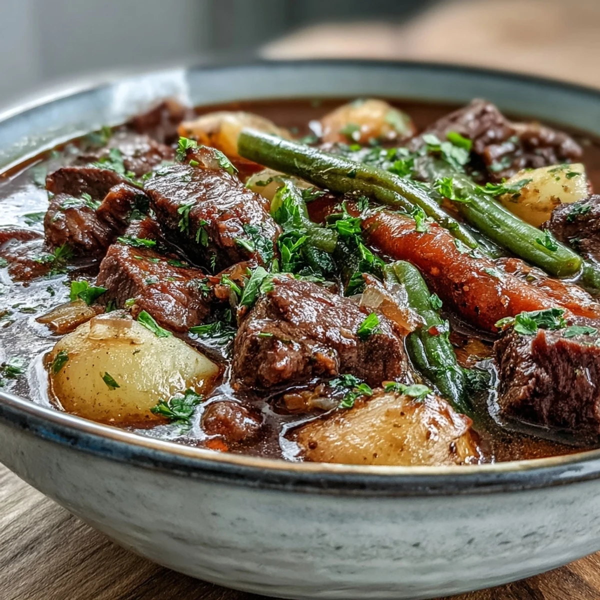 Golden, savory Beef and Vegetable Soup simmering in a rustic pot with tender chunks of beef and fresh parsley garnish.