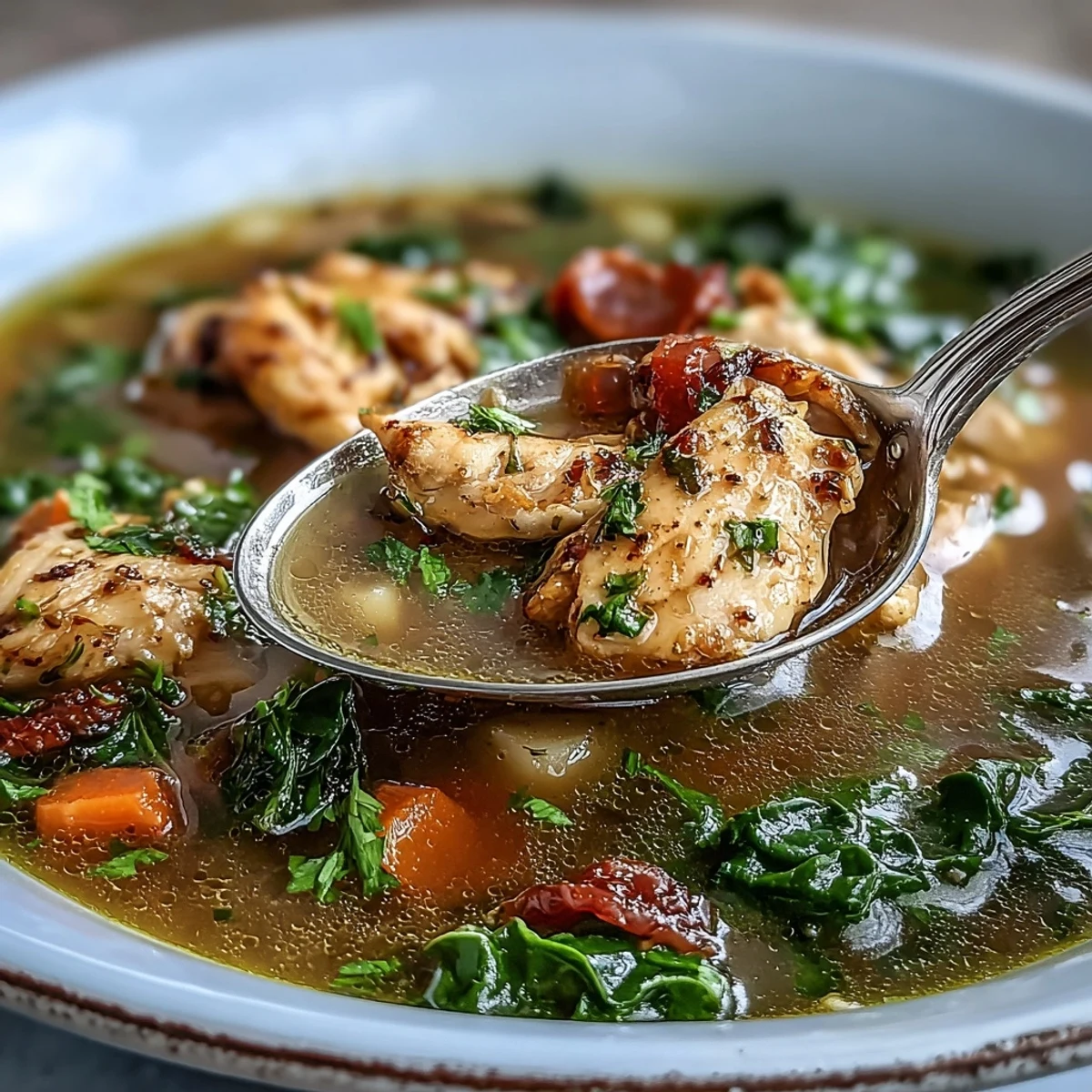 Spoon lifting tender chicken pieces and carrots from golden High Protein Lemon and Turmeric Chicken Soup.