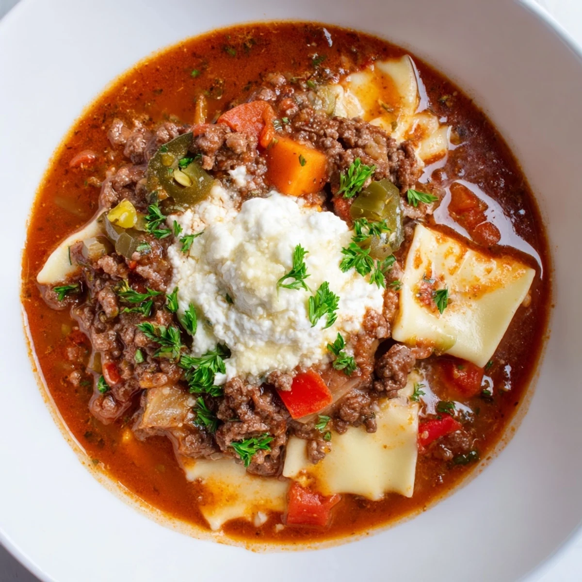 Delicious lasagne soup garnished with jalapeños and creamy cheese for extra flavor.