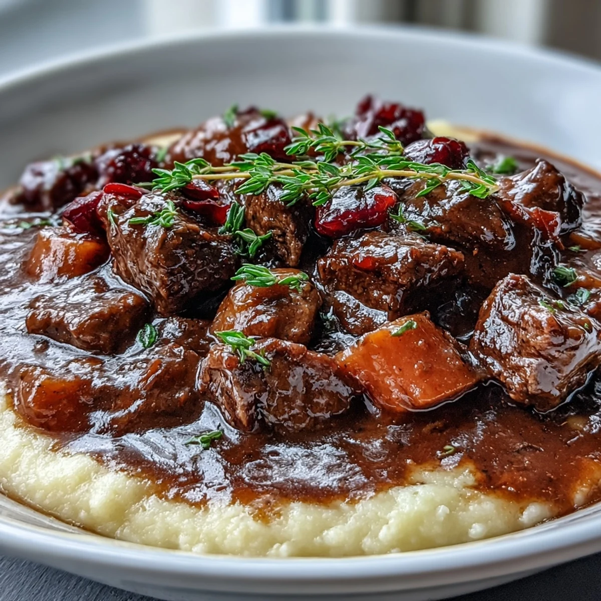 Fork-tender venison stew with sloe gin served over creamy polenta in a rustic bowl.