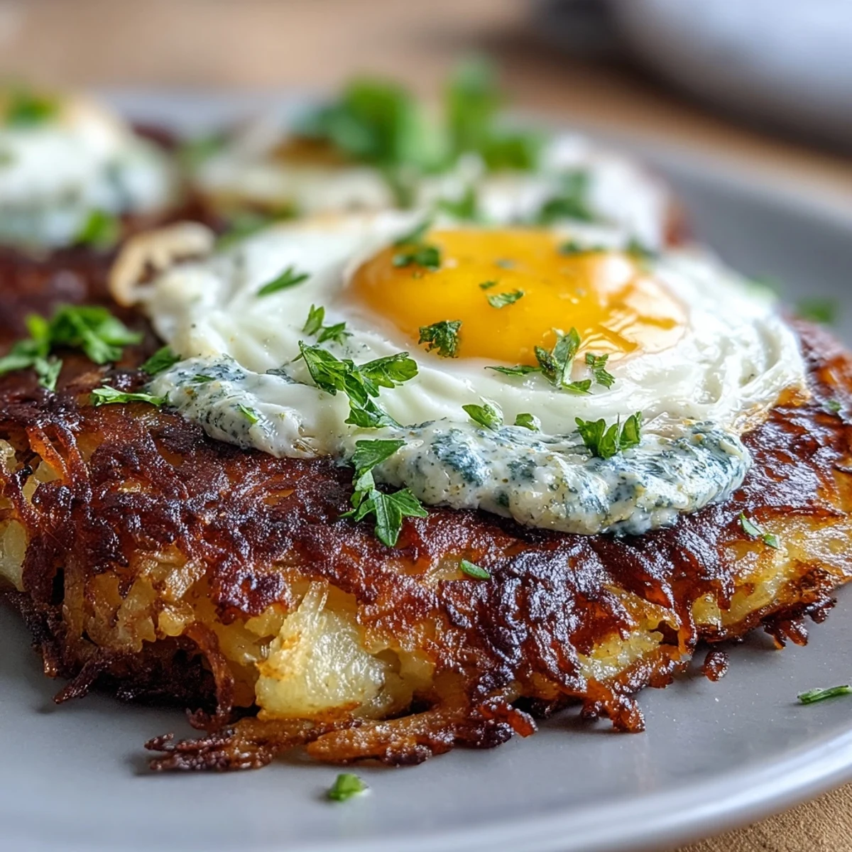 Crisp golden Celeriac Rösti with Harissa Yogurt and Fried Eggs, topped with fresh parsley for a vibrant, savory brunch plate.