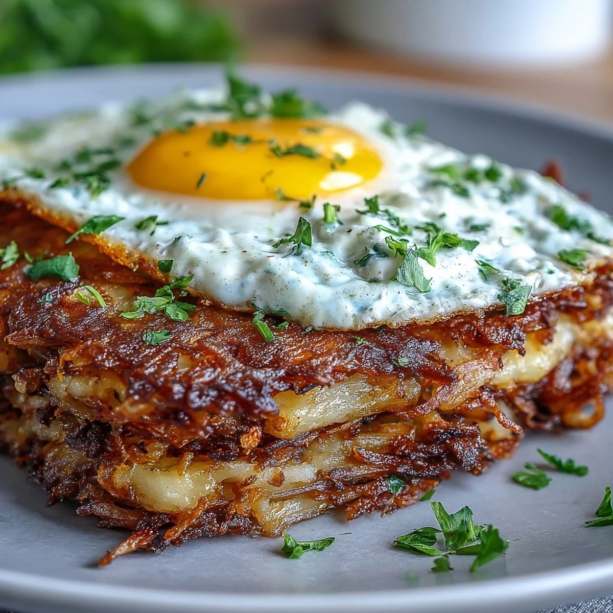 A close-up of golden Celeriac Rösti with Harissa Yogurt and Fried Eggs, ready to serve with lemon wedges for brightness.